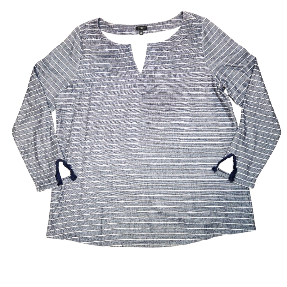Talbots Blue Striped Top Popover Tunic Lace Trim Long Sleeve Cotton Plus Size 2X